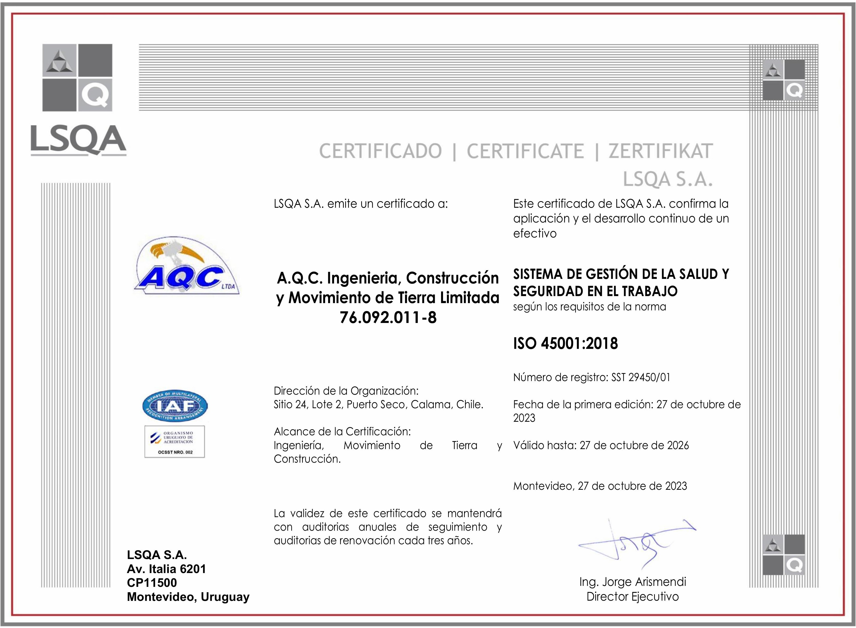 Certificado ISO 45001 AQC LTDA